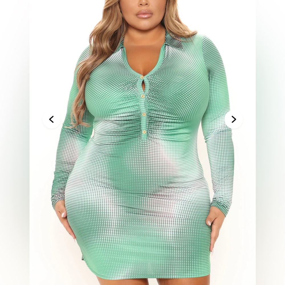 Green and White Dot Long Sleeve Mini Dress